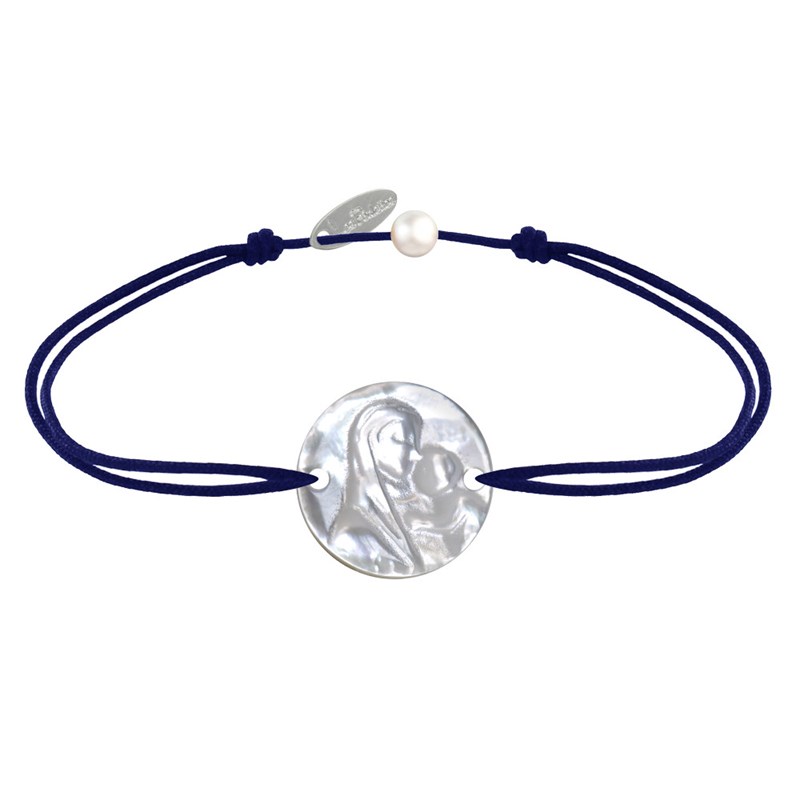 Bracelet Lien Médaille de Nacre Ronde Vierge à l'Enfant - Bleu Navy