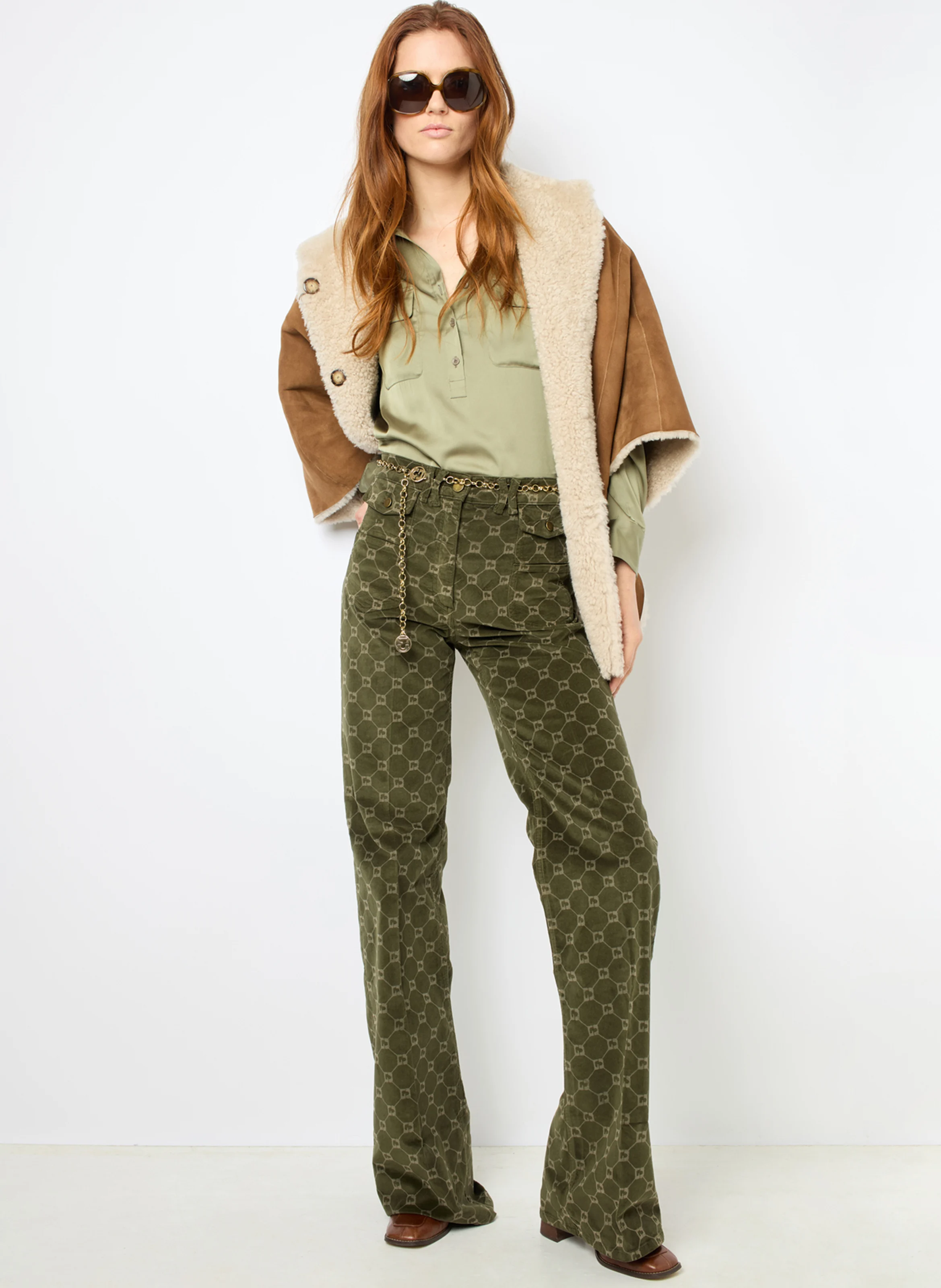 ANNA - Pantalon flare en coton mélangé | Vert