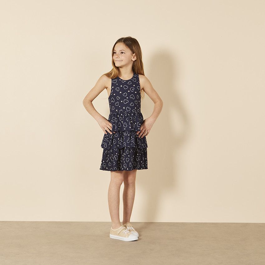 Robe sans manches imprimée et volantée à dos croisé pour fille - Bleu marine