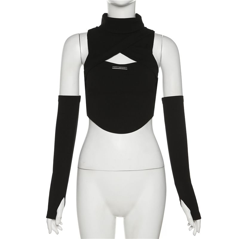 Sugarcoat - Set: Halter-hals cutout effen crop top + mouwen