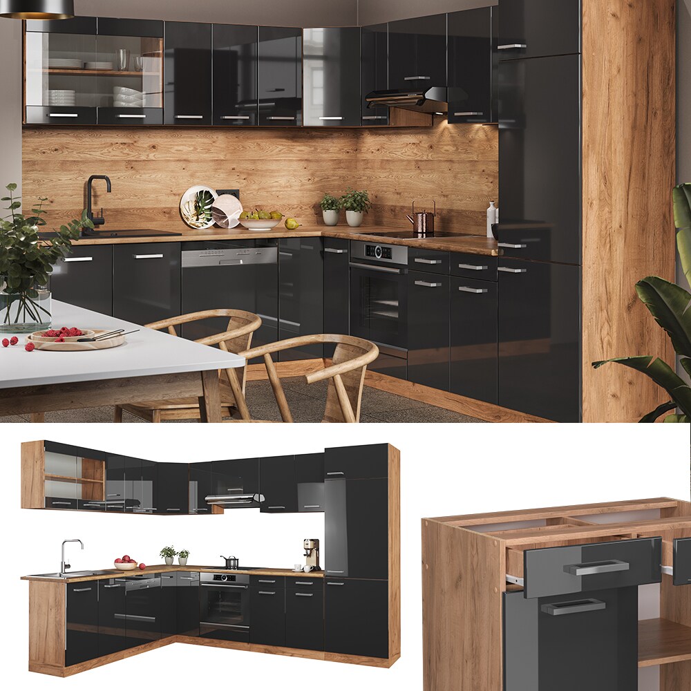 Vicco Küchenzeile Küchenblock Einbauküche R-Line Ecke 287 x 277 Anthrazit HGL