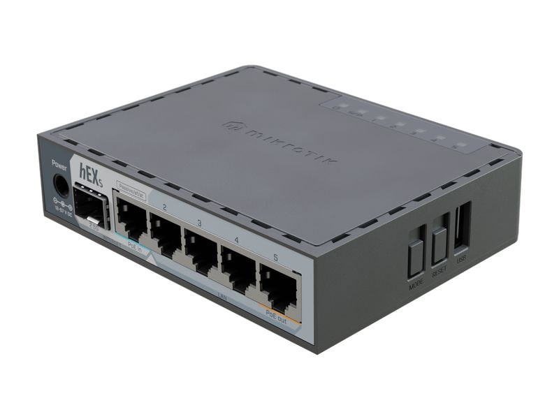 MikroTik Router hEX S (2025) Mit 5× Gigabit-Ethernet-Ports (einschliesslich PoE-Eingang an Port 1 und PoE-Ausgang an Port 5) sowie einem 2,5-Gigabit-SFP-Käfig kann dieser kompakte Router für viele Aufgaben eingesetzt werden
