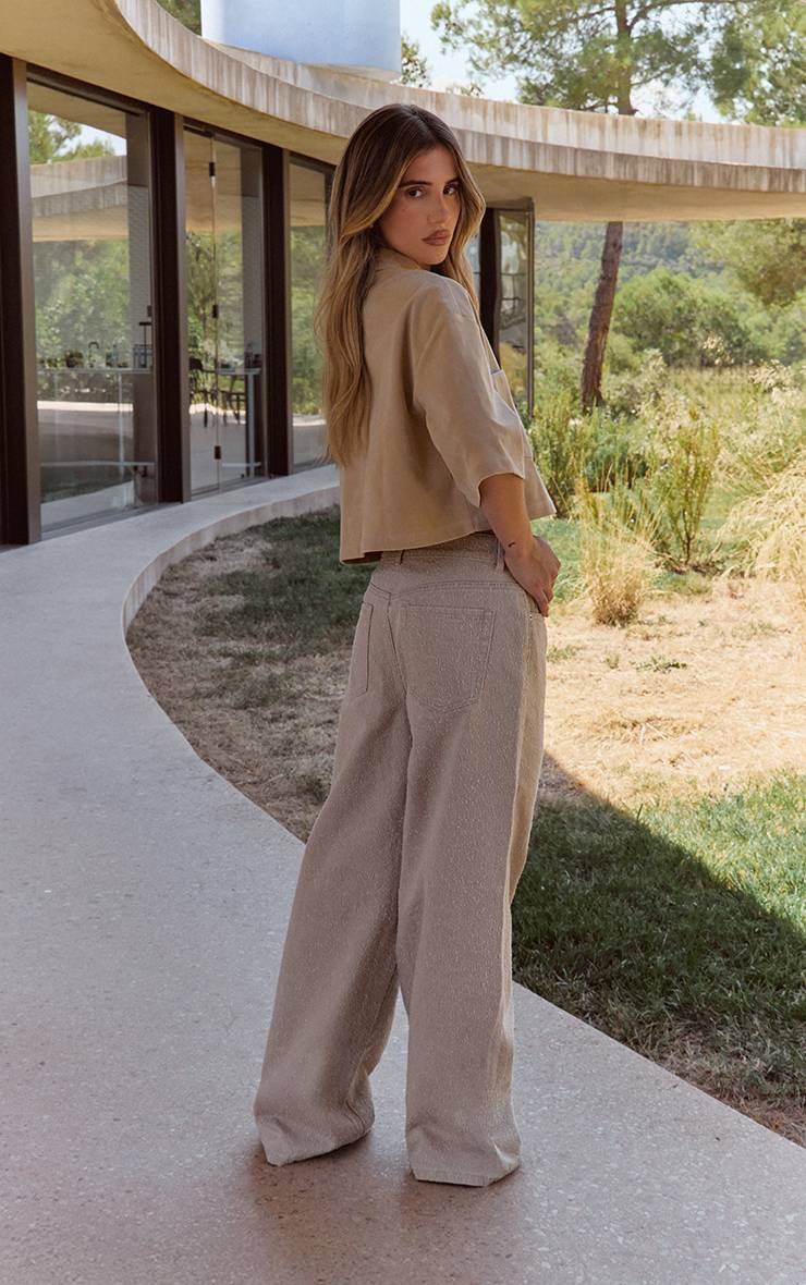 Beige Jean Jambe Large Taille Haute En Denim Bouclé