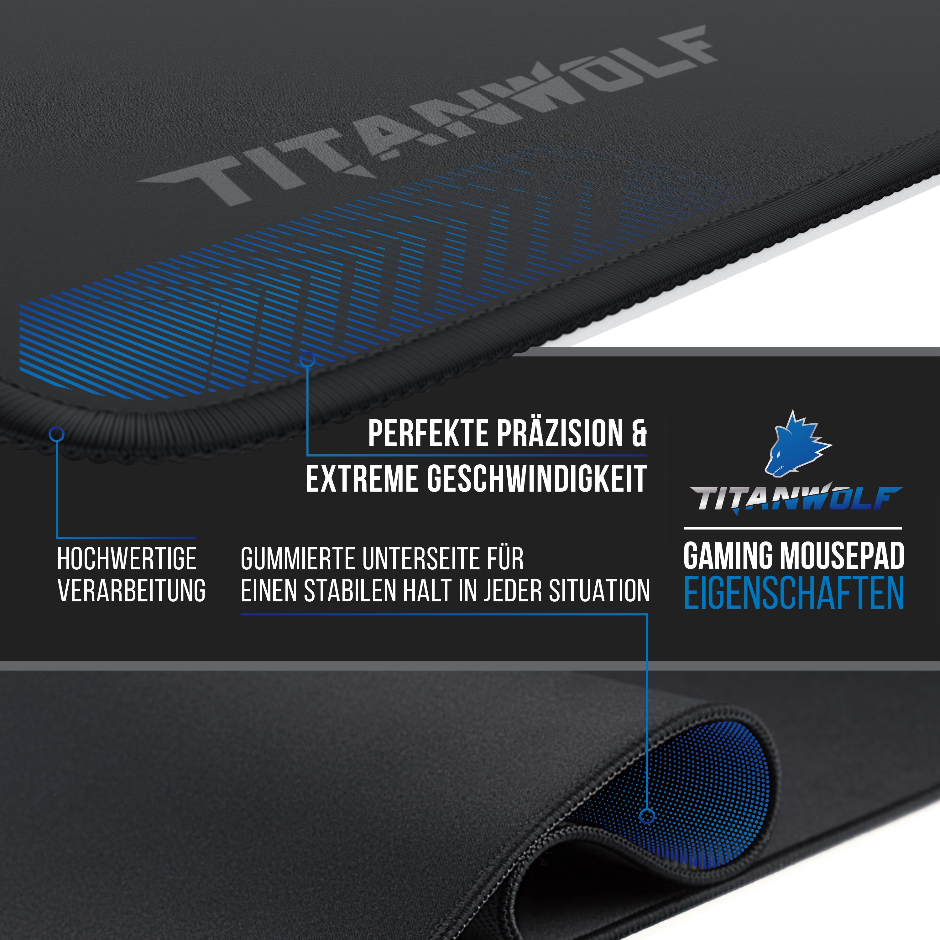 Titanwolf Gaming Mauspad XXL, glattes Stoffgewebe, Speed Mousepad 900 x 400mm große Fläche, Wolfsmotiv rechts