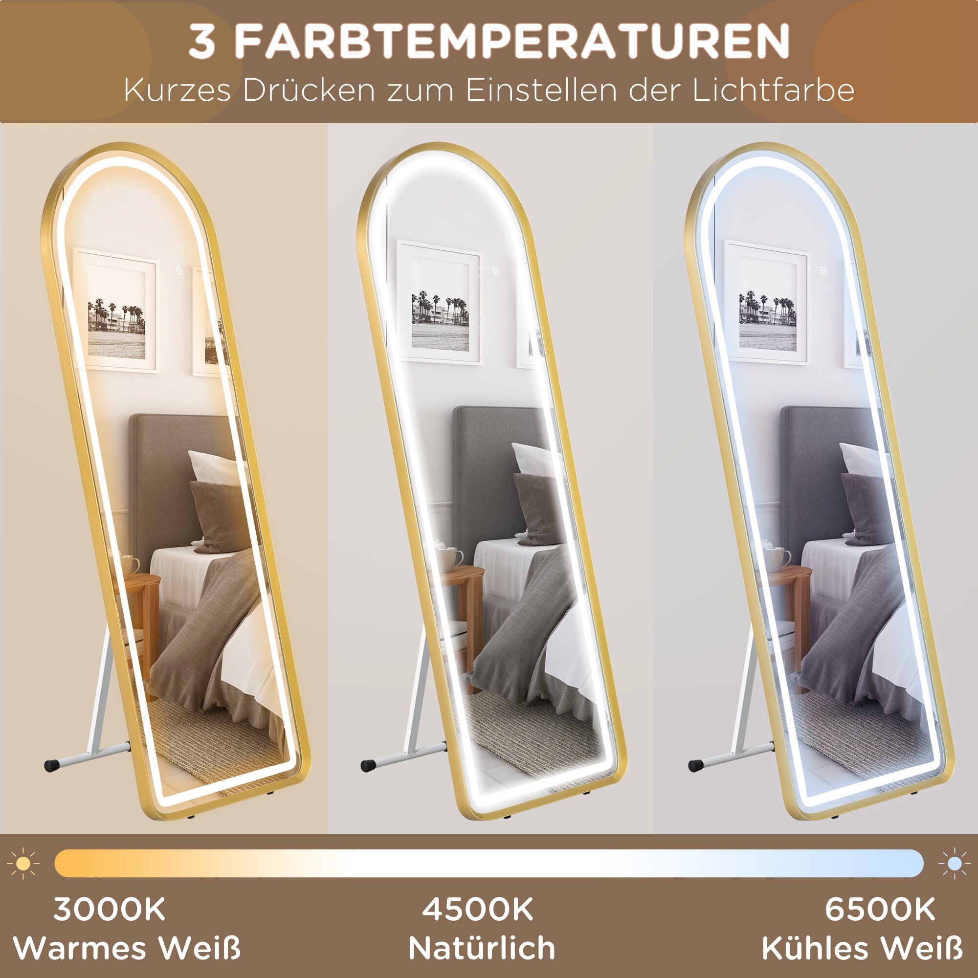 HOMCOM Ganzkörperspiegel mit Beleuchtung gold 151,5L x 50B x 4H cm