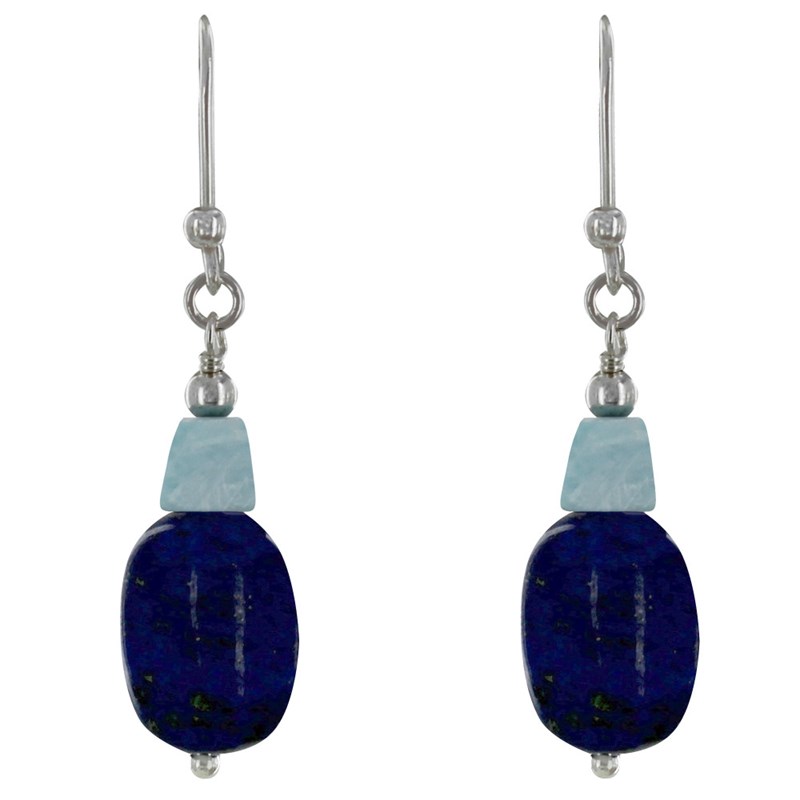 Boucles d'Oreilles Argent Galet de Lapis Lazuli et Pépite de Larimar