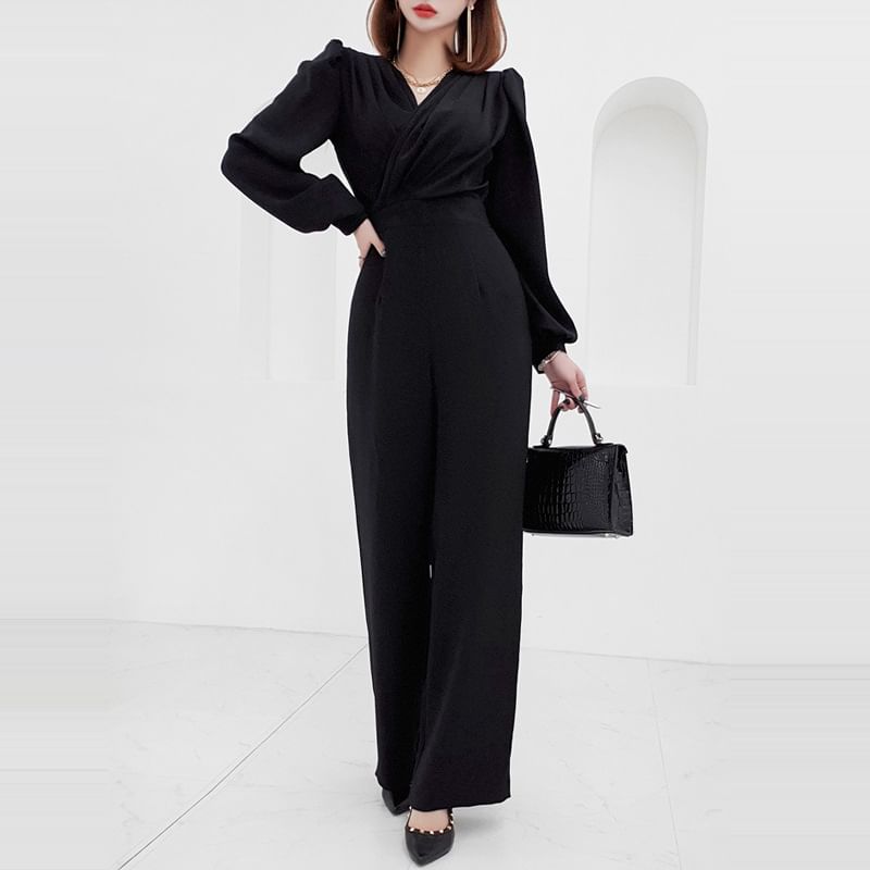 Cassidy - Lange mouwen V-hals effen jumpsuit