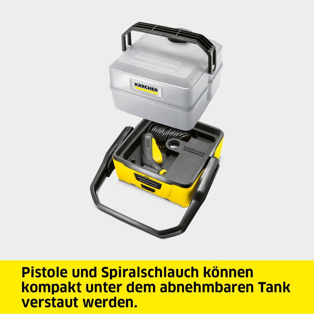 Kärcher Mobile Outdoor Cleaner OC 3 Plus, Fördermenge: 2 l/min, Gewicht: 2,3 kg, Wassertank: 7 l, Lithium-Ionen-Akku, Spiralschlauch, Gerätefilter, Abnehmbarer Wassertank, schonender Niederdruck