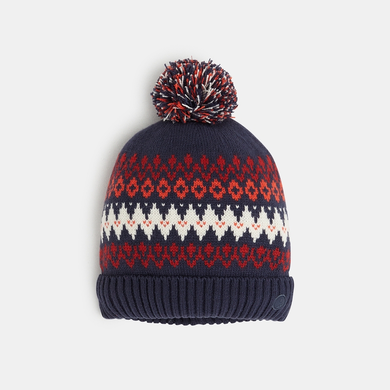 Bonnet à pompon en jacquard scandinave bleu garçon