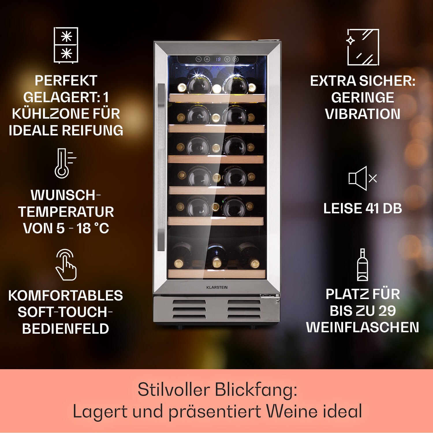 Vinovilla 29 Built-In Weinkühlschrank 81 l / 29 Fl. Glastür Edelstahl Edelstahl 81 Liter / 29 Flaschen