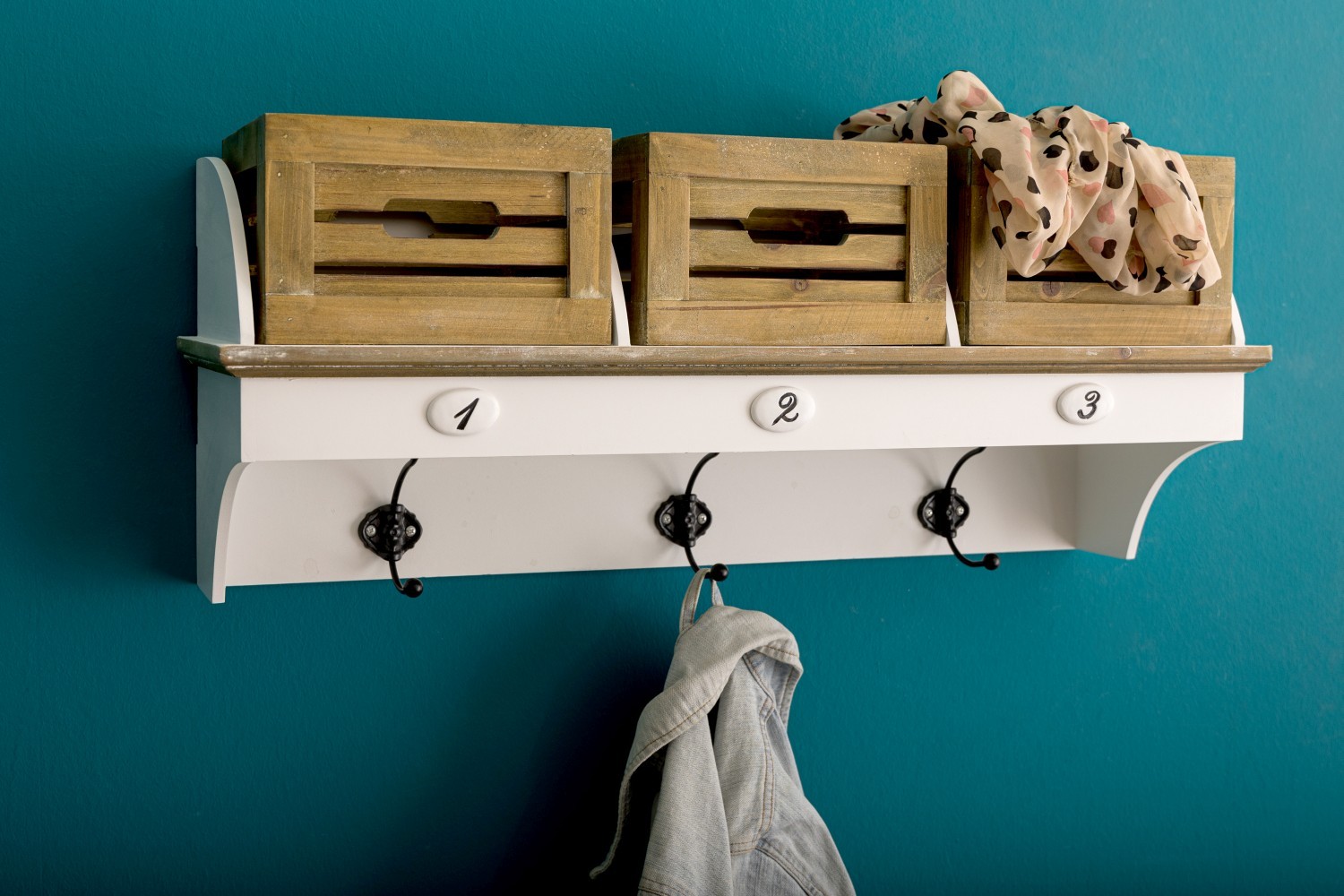 Garderobe PROVENCE - weiß-Holz - mit 3 Holzkörben