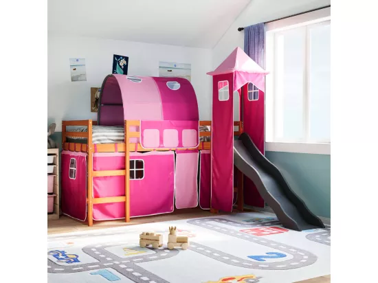 Lit mezzanine enfants avec tour rose 90x200 cm bois pin massif