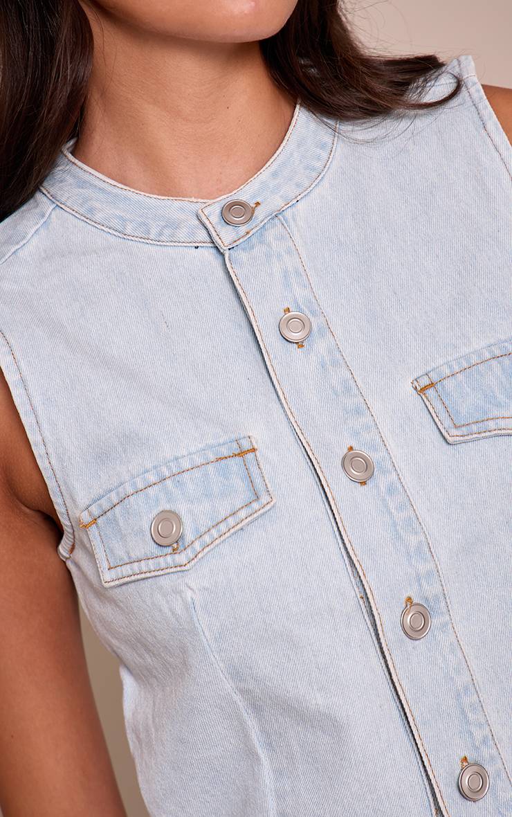 Bleu Clair Gilet En Jean Col Rond Taille Cintrée