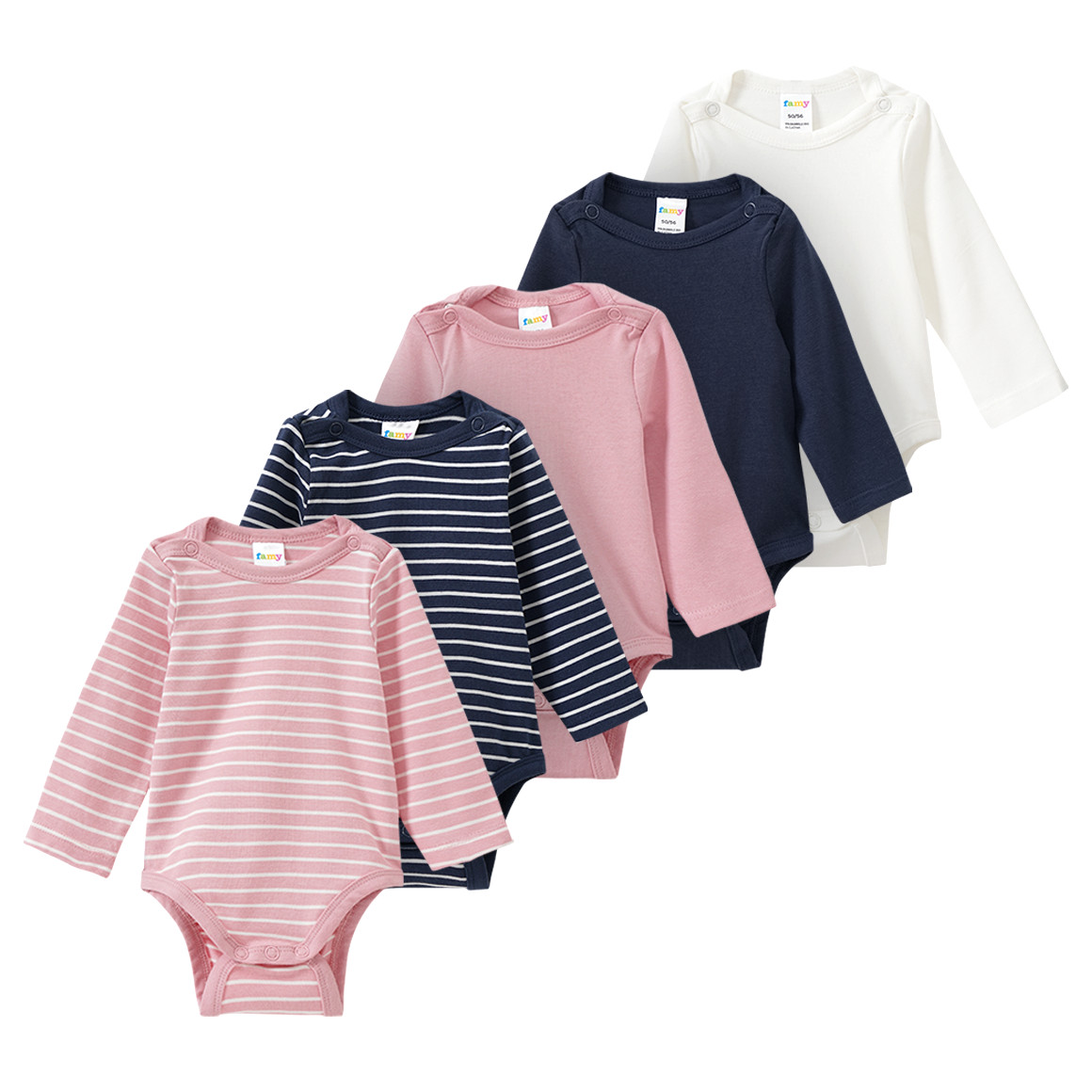 Famy 5 Baby Bodys in verschiedenen Dessins rosa / dunkelblau / weiss