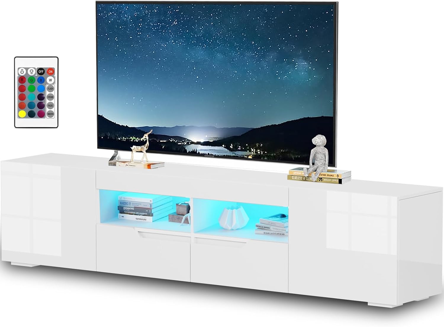 Hochglanz TV Schrank 200 cm mit 16 LED Farben – Modernes TV Lowboard für 65–85 Zoll Fernseher, TV Möbel mit 2 Schubladen & Schränken, Griffloses TV Board für Wohnzimmer (Weiß)