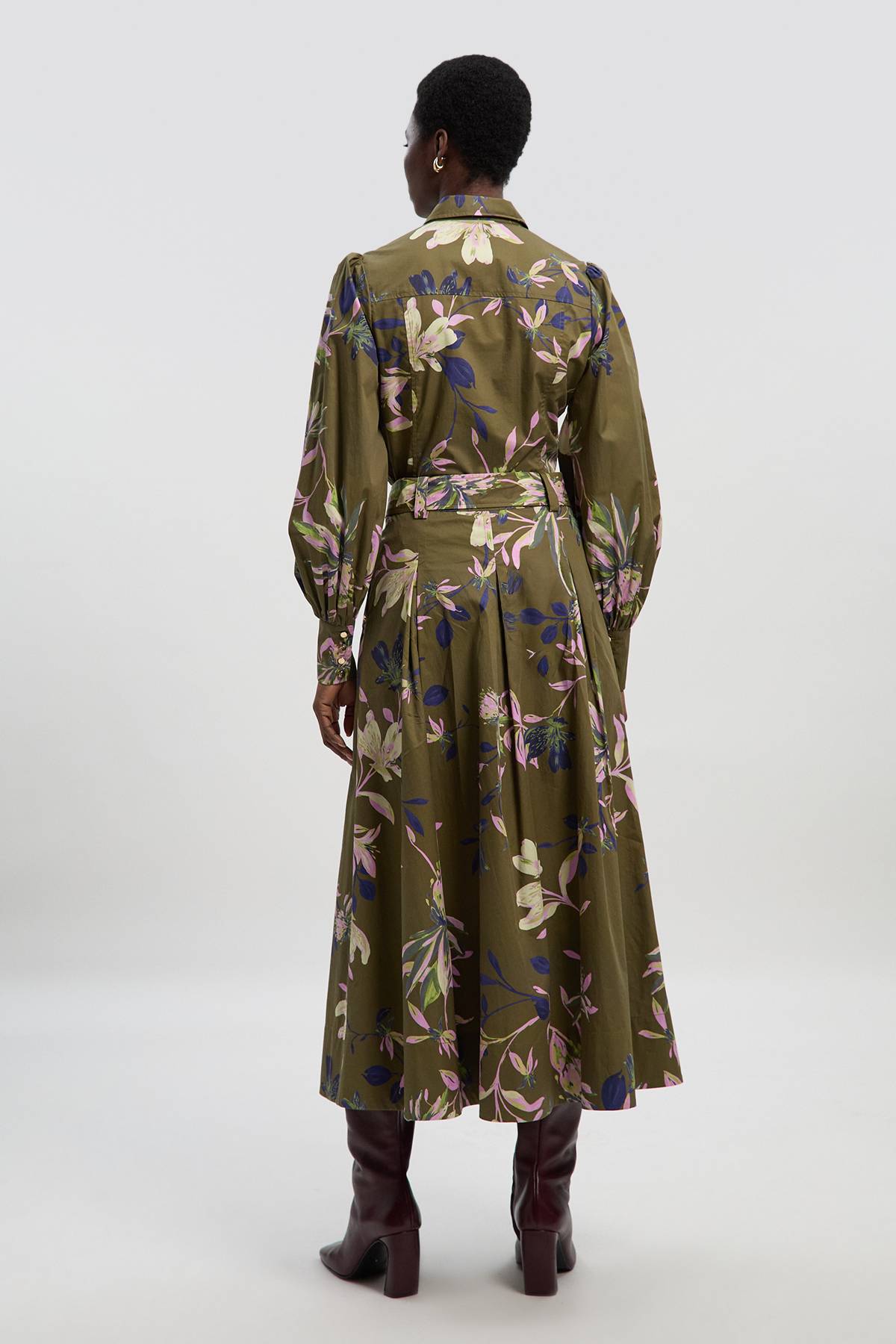 KarenMillen Jupe Mi-longue en Satin de Coton Imprimé Floral avec Détail Ceinture Tissée