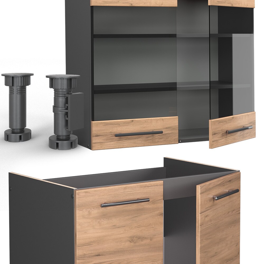 Vicco Küchenzeile Küchenblock Einbauküche Fame-Line Anthrazit Eiche Goldkraft 235 cm modern Küchen Schränke Hängeglasschrank Hängeschrank Schubladenunterschrank Spülenunterschrank Herdumbauschrank