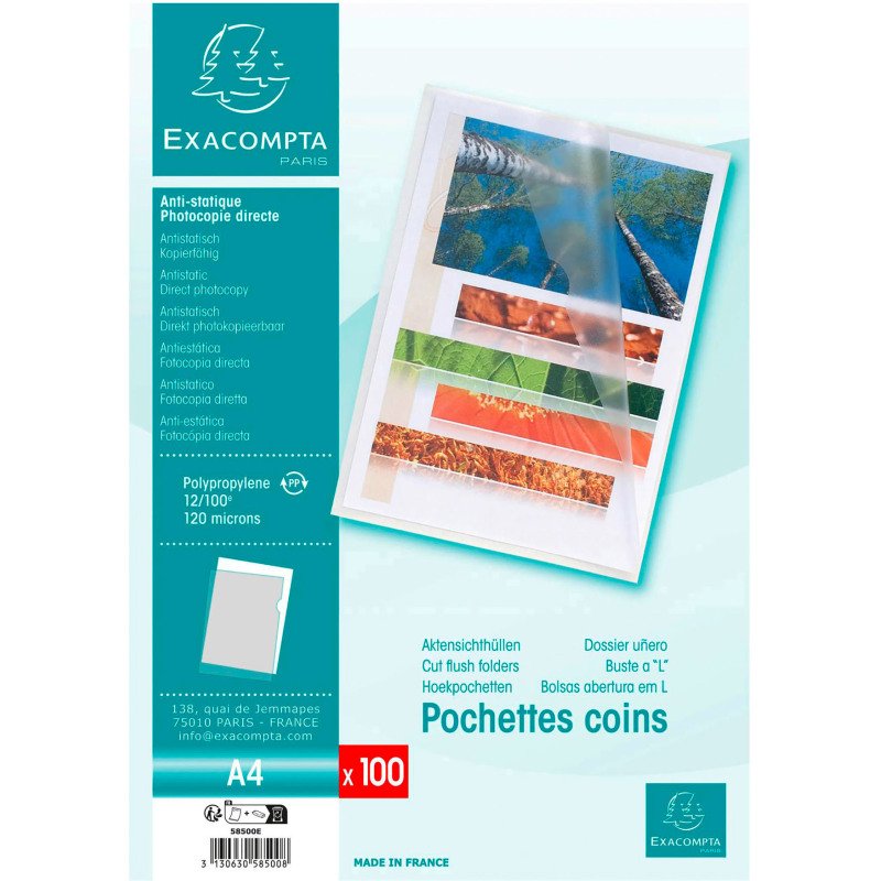 Chemise coin plastique Exacompta A4 polypropylène 12/100e transparente incolore - Paquet de 100