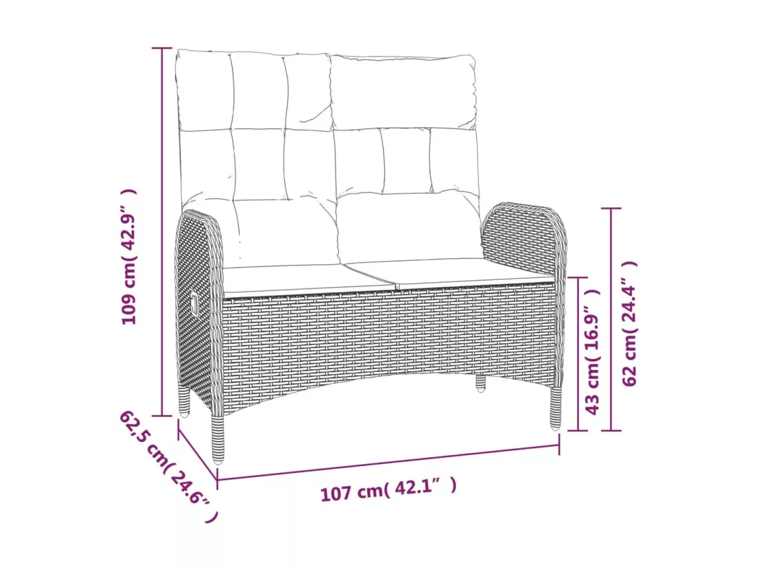 Banc de jardin inclinable avec coussins 107cm Poly rotin Noir