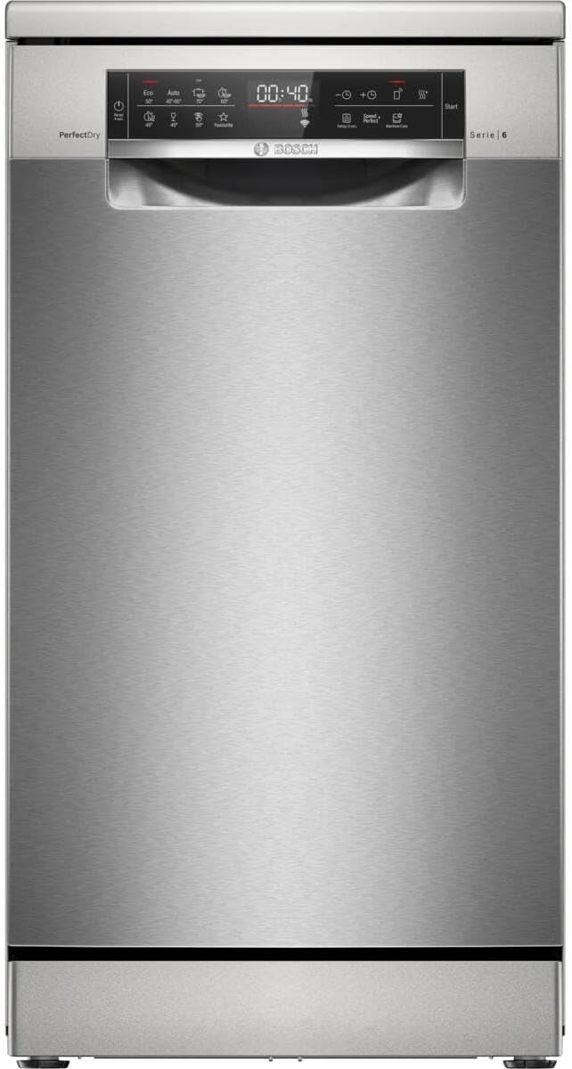 Bosch SPS6YMI14E, Serie 6, Smarter Freistehender Geschirrspüler 45 cm, Besteckschublade, Spülmaschine mit Zeolith Trocknung, besonders leise, höhenverstellbarer Oberkorb, Favoritenprogramm, AquaStop