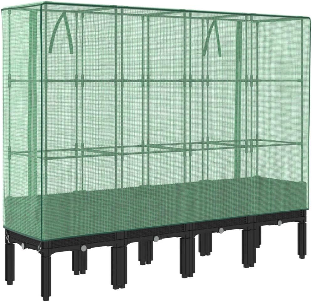 vidaXL Hochbeet mit Gewächshaus-Aufsatz, Pflanzbeet mit Eisenrohr-Rahmen, Gemüsebeet für Garten Terrasse Balkon, Pflanzkasten Frühbeet, Rattan-Optik