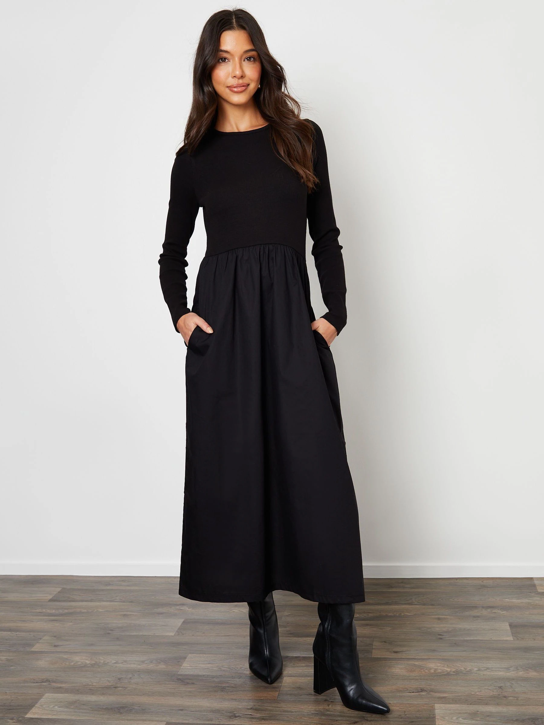 Zwart - Threadbare geribbelde jersey 2-in-1 midi-jurk met poplin rok