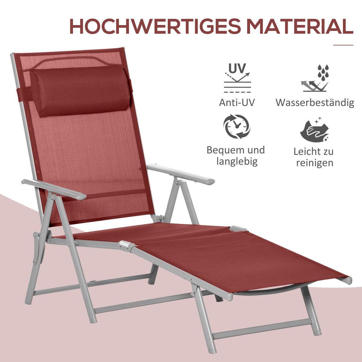 Outsunny ligstoel, tuinligstoel, opvouwbaar, met kussen, 137 x 63,5 x 100,5 cm, metaal+stof, bordeauxrood