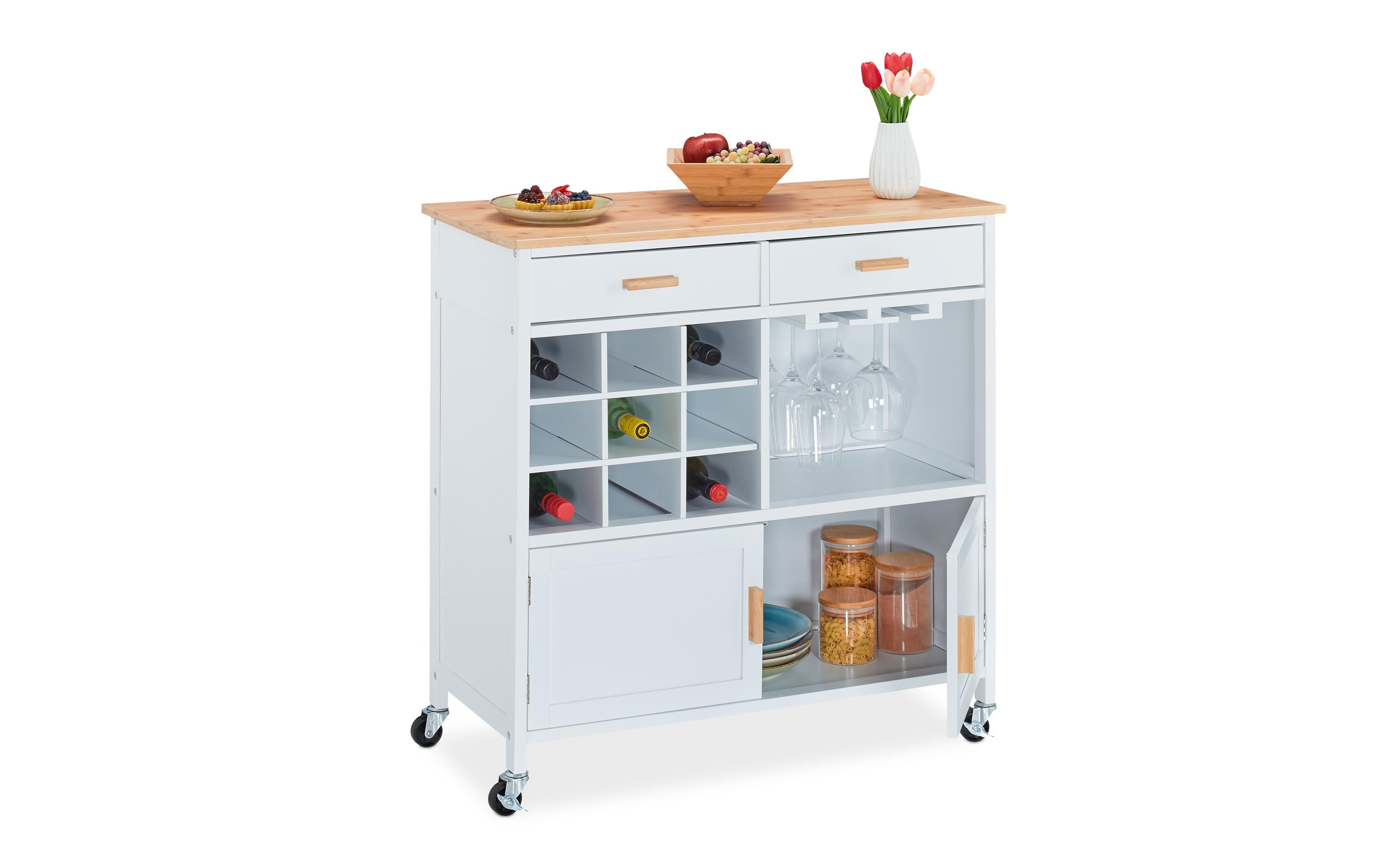 Küchenwagen 86 x 88.5 x 41 cm, Braun / Weiss<br>Küchenrollwagen mit Weinregal