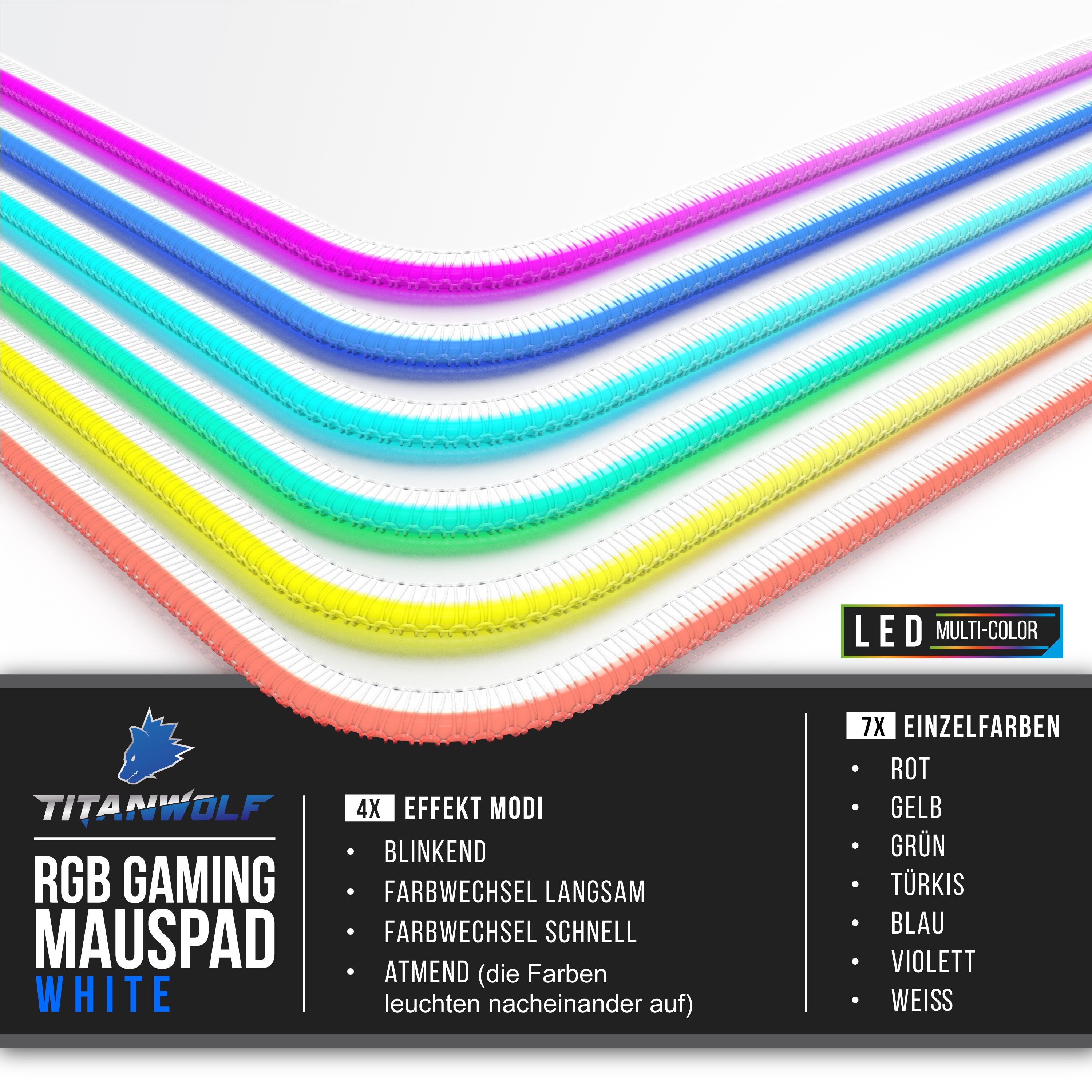 Titanwolf RGB Gaming Mauspad, Mousepad XL 800 x 300mm verbessert Präzision & Geschwindigkeit, weiß