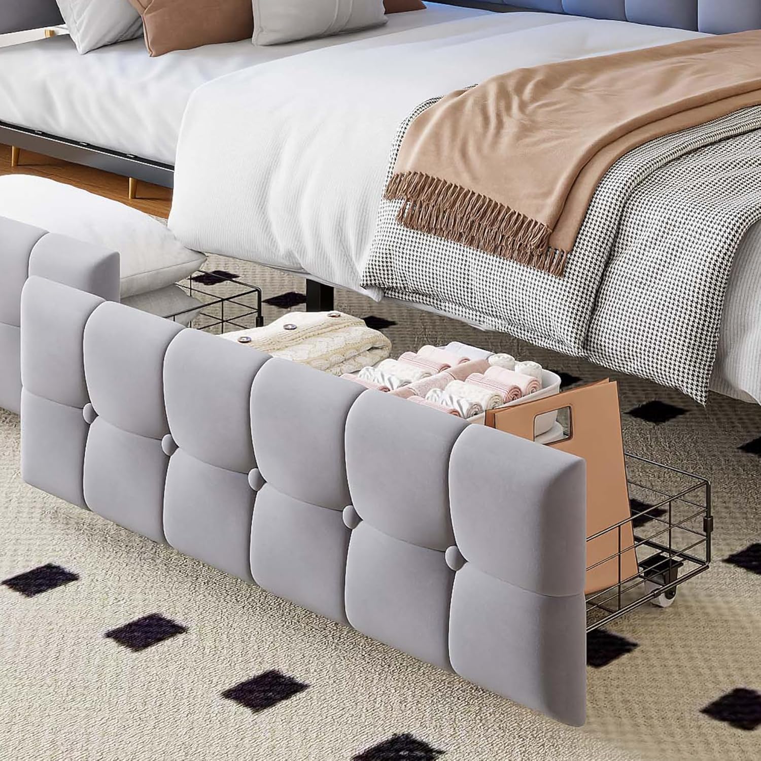 Polsterbett Schlafsofa 90x200 cm mit 2 Schubladen, Einzelbett mit LED Leuchten, USB und Typ-C-Anschluss, Metallbettgestell, Jugendbett Daybett, Samt, Hellgrau, ohne Matratze