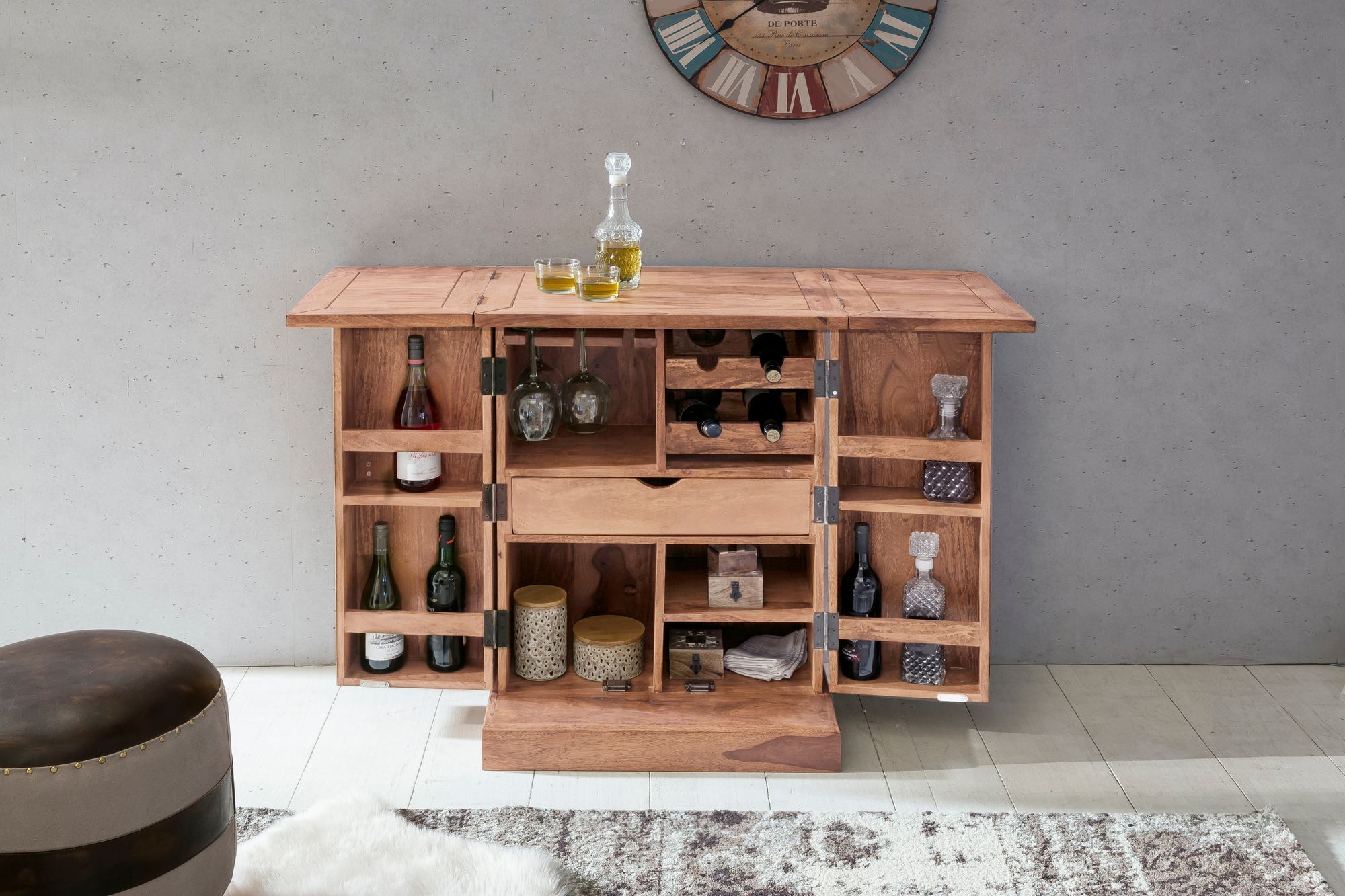 KADIMA DESIGN SAAR Massivholz Hausbar 65x91x50 cm, Ausklappbare Weinbar, Barschrank mit Türen