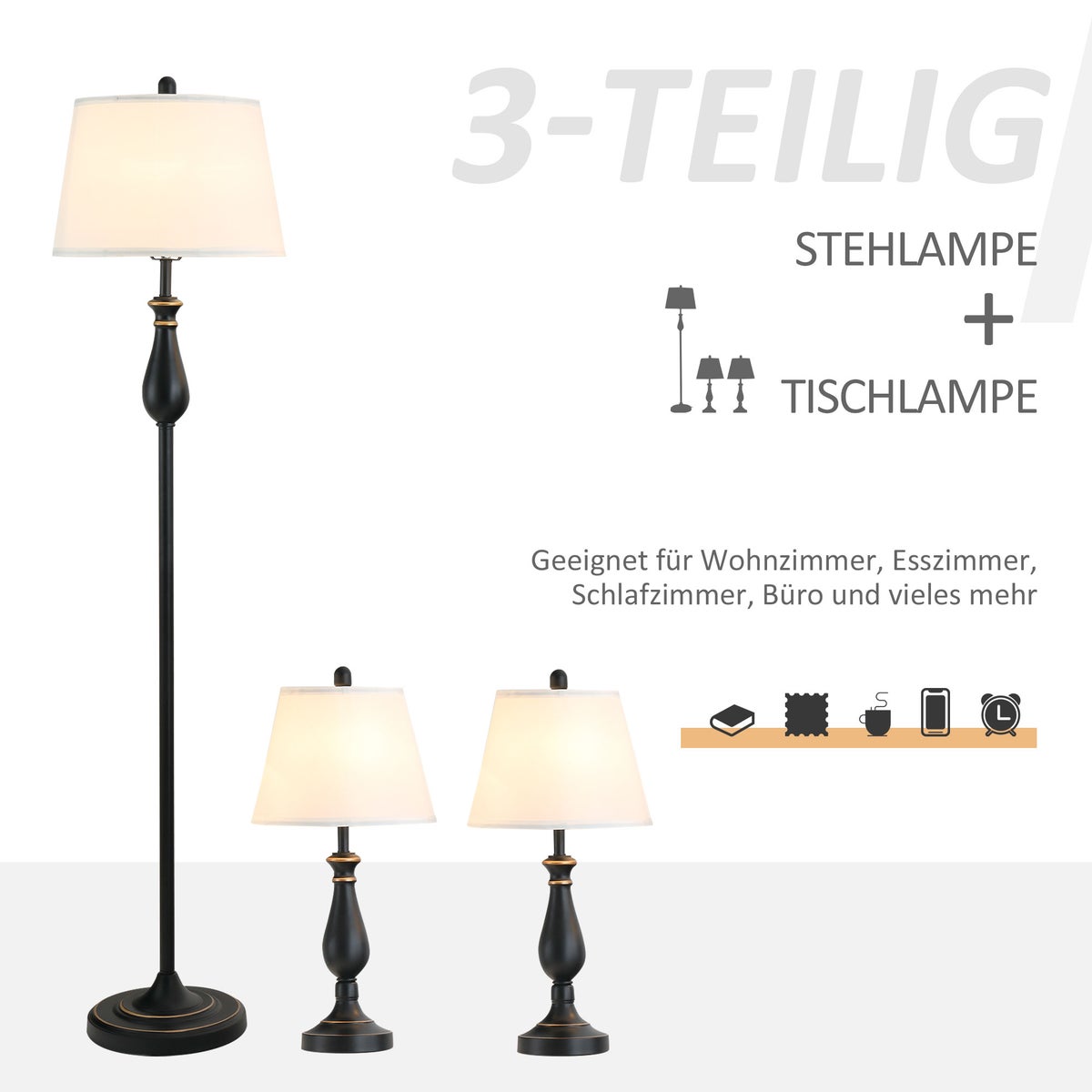 HOMCOM lampenset van 3, ø38 x 158H cm / ø30 x 62H cm, metaal, zwart+wit