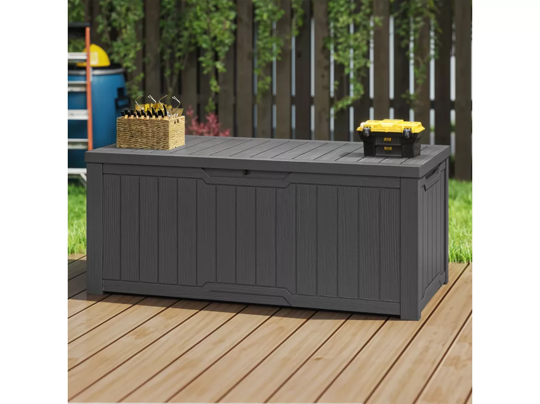 YITAHOME Boîte de Rangement d'Extérieur - Verrouillable - Coffre de Jardin - 142 x 67 x 69 cm - Table Polyvalente - Gris Foncé