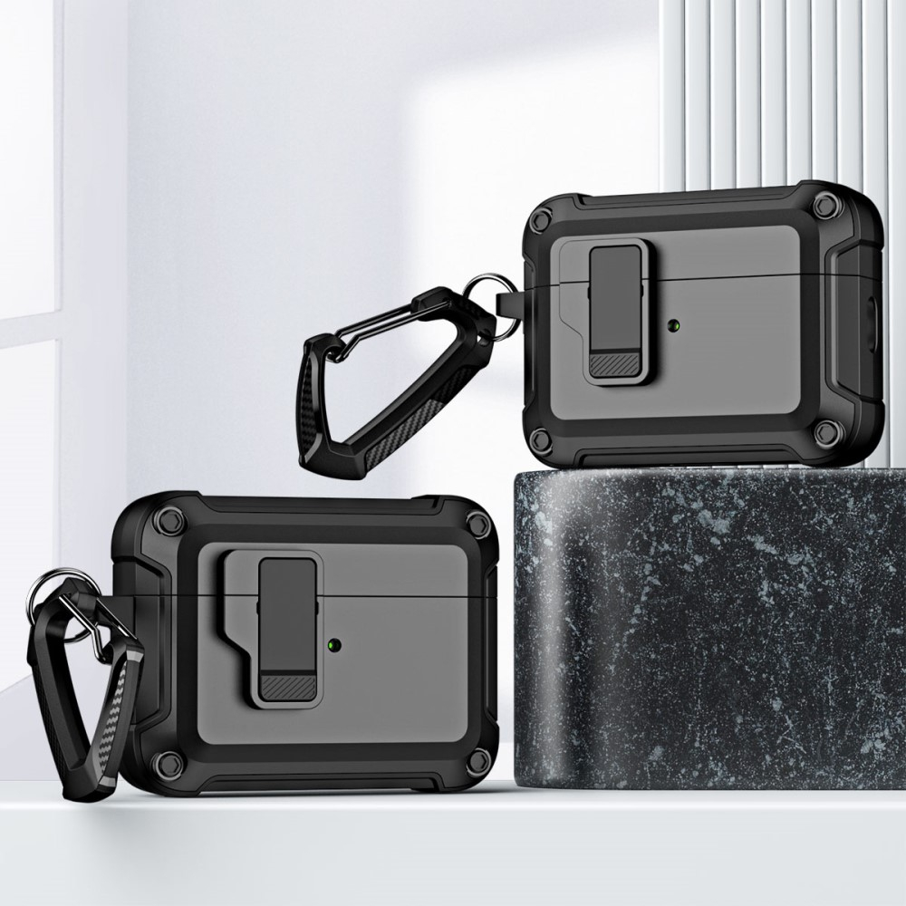 AirPods Pro 2 / AirPods Pro Hybrid Hardcase Schutzhülle mit Verschluss   Karabinerhaken - Schwarz / Blau