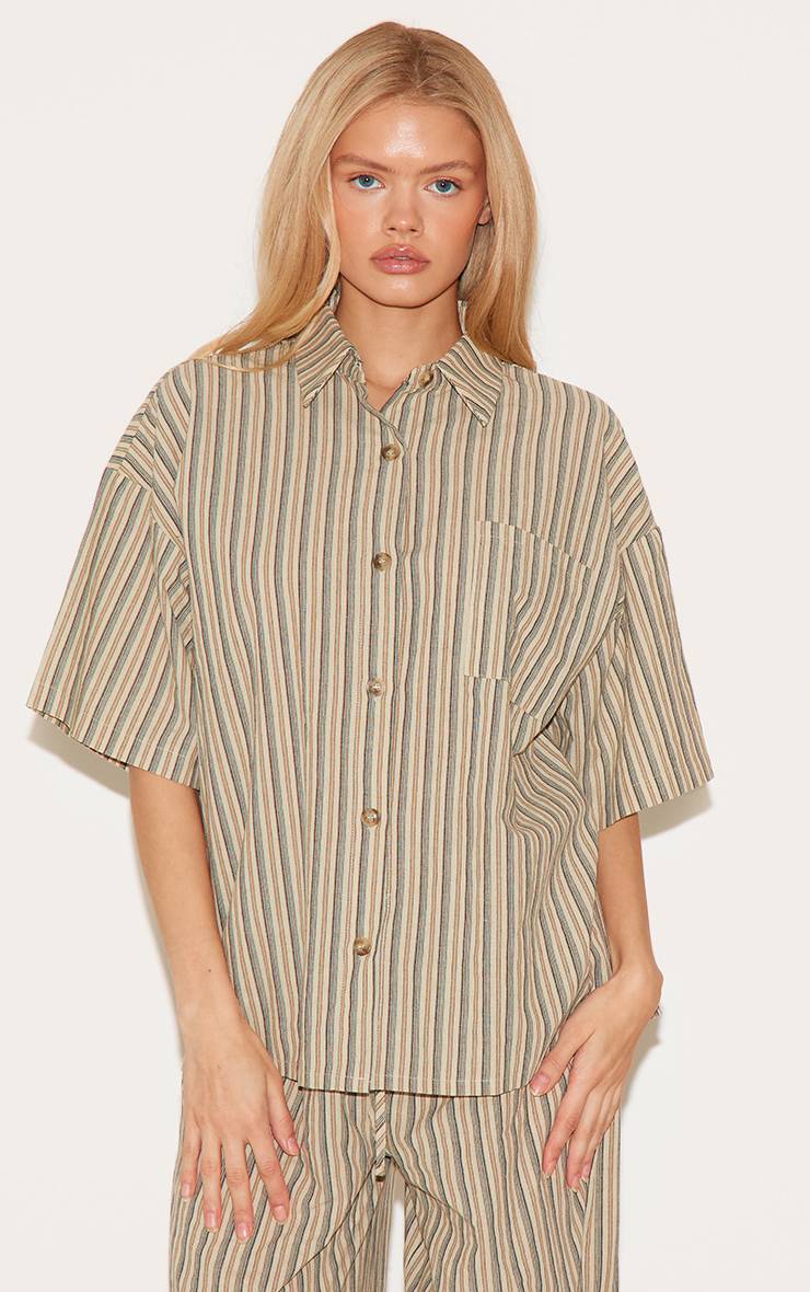 Vert Chemise Oversize À Manches Courtes À Fines Rayures