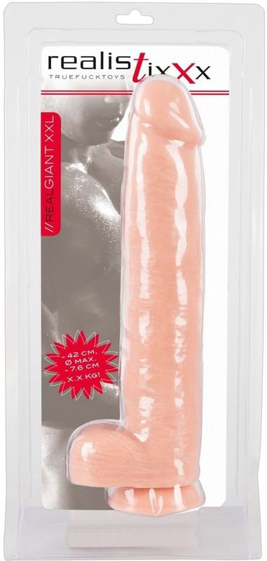Realistixxx – 3XL Giant Zuignap Dildo met Scrotum en Eikel voor Enorm Genot en Voldoening – 42 cm – beigeig