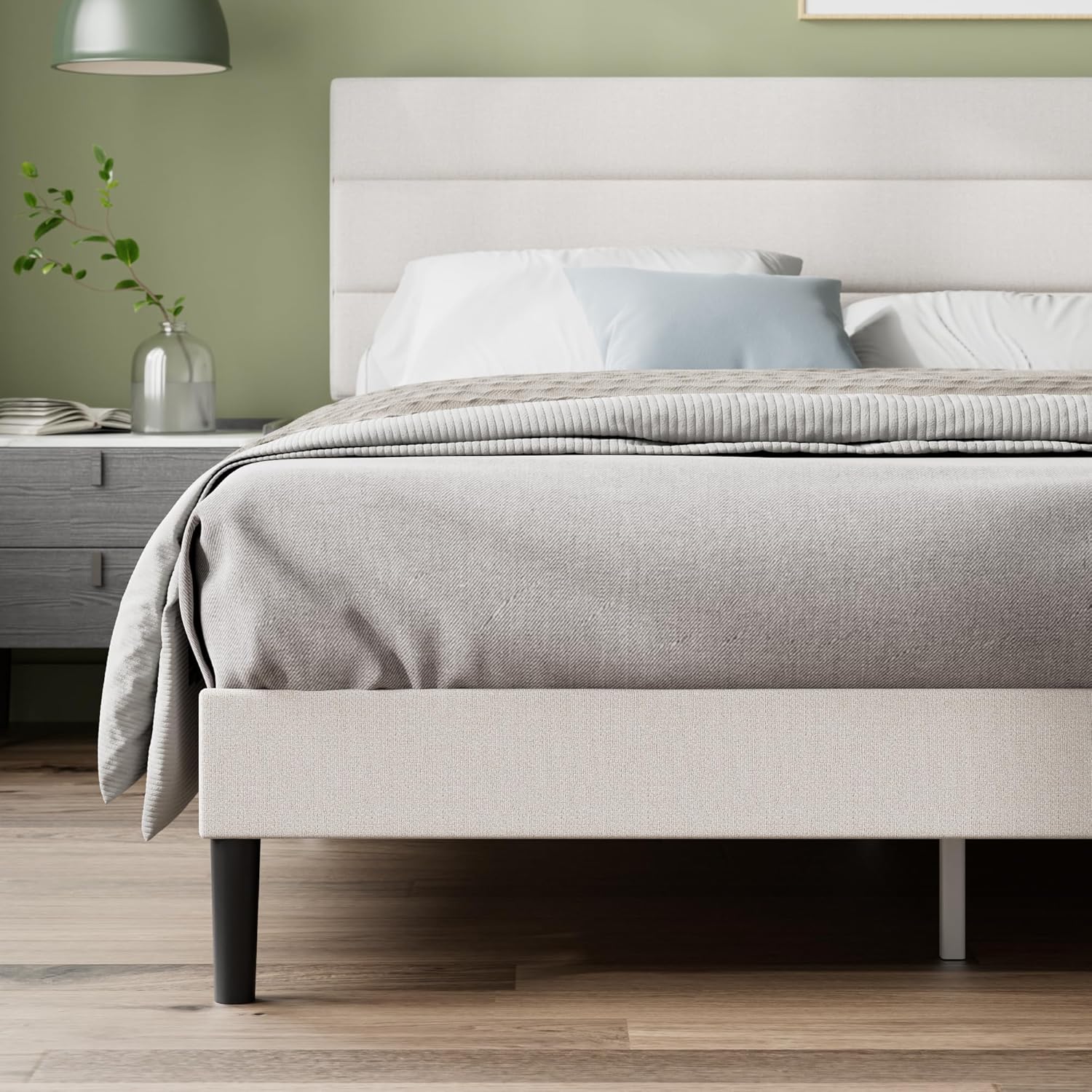 Zinus Piper Polsterbett 180x200 cm mit Kopfteil - 30 cm Hohes Bett 180x200 mit Lattenrost aus Holz - Kompakte Verpackung & Einfache Montage - Cremeweiß
