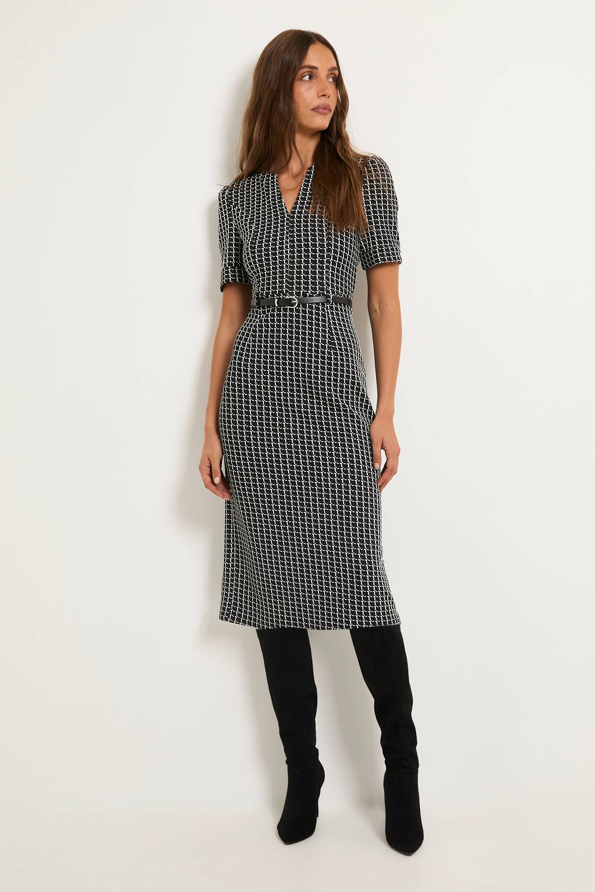 Wallis Robe Midi Ceinturée En Ponte À Carreaux