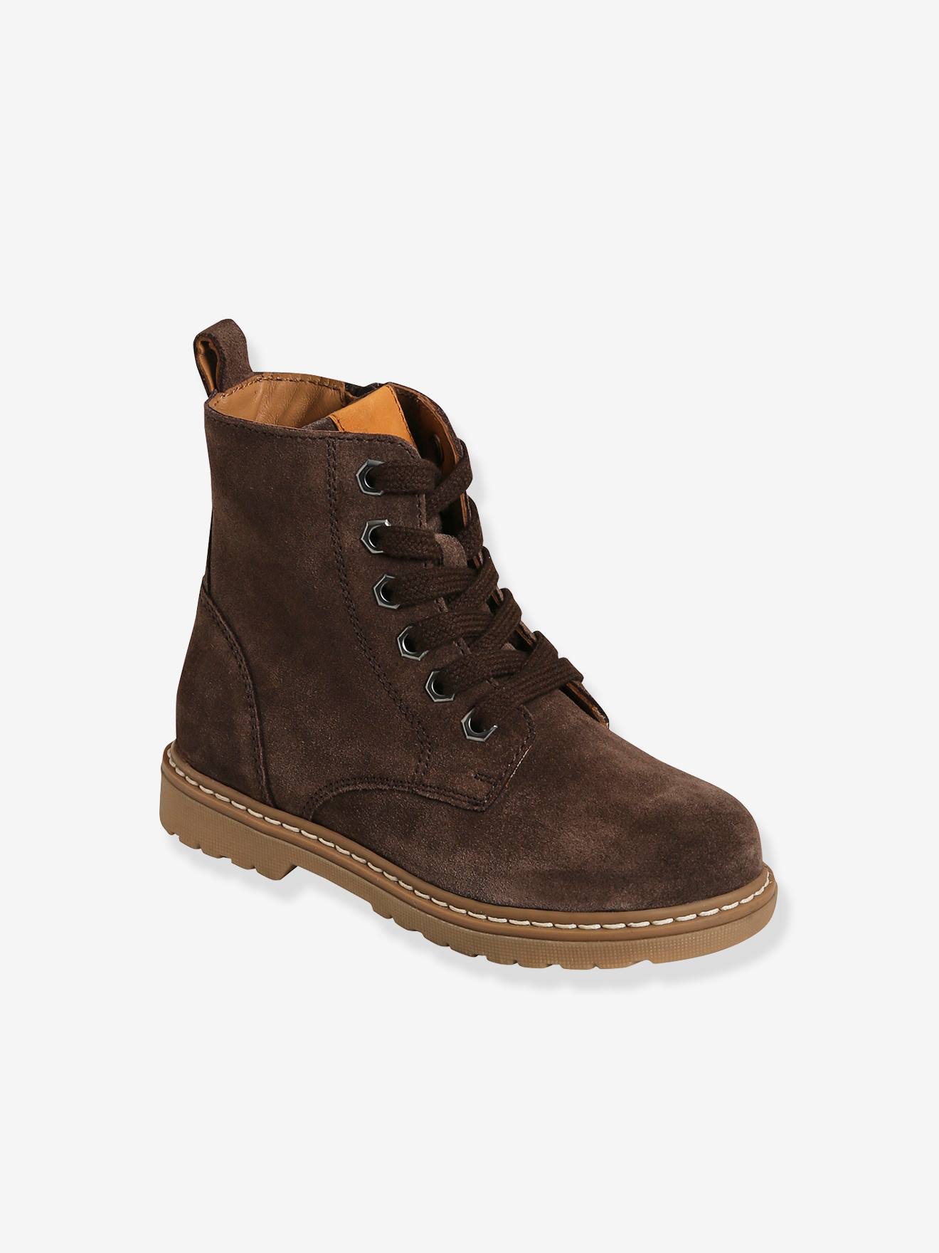Botas de cano curto em couro com cadarço e zíper, para meninos, cor marrom escuro lisa.