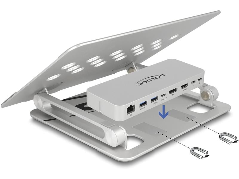 Delock Dockingstation USB-C – HDMI/DP/LAN/USB-A PD 85W Delock Tablet und Notebook Ständer mit integrierter Dockingstation 4k – hDMI / DisplayPort / LAN / Hub / HDR / PD