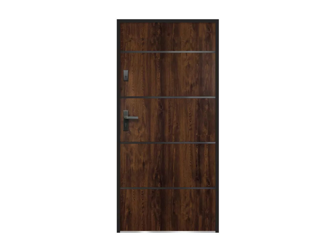 Porte d'entrée en acier pleine et inox H207 x L100 cm naturel foncé - poussant droit - NAXARA