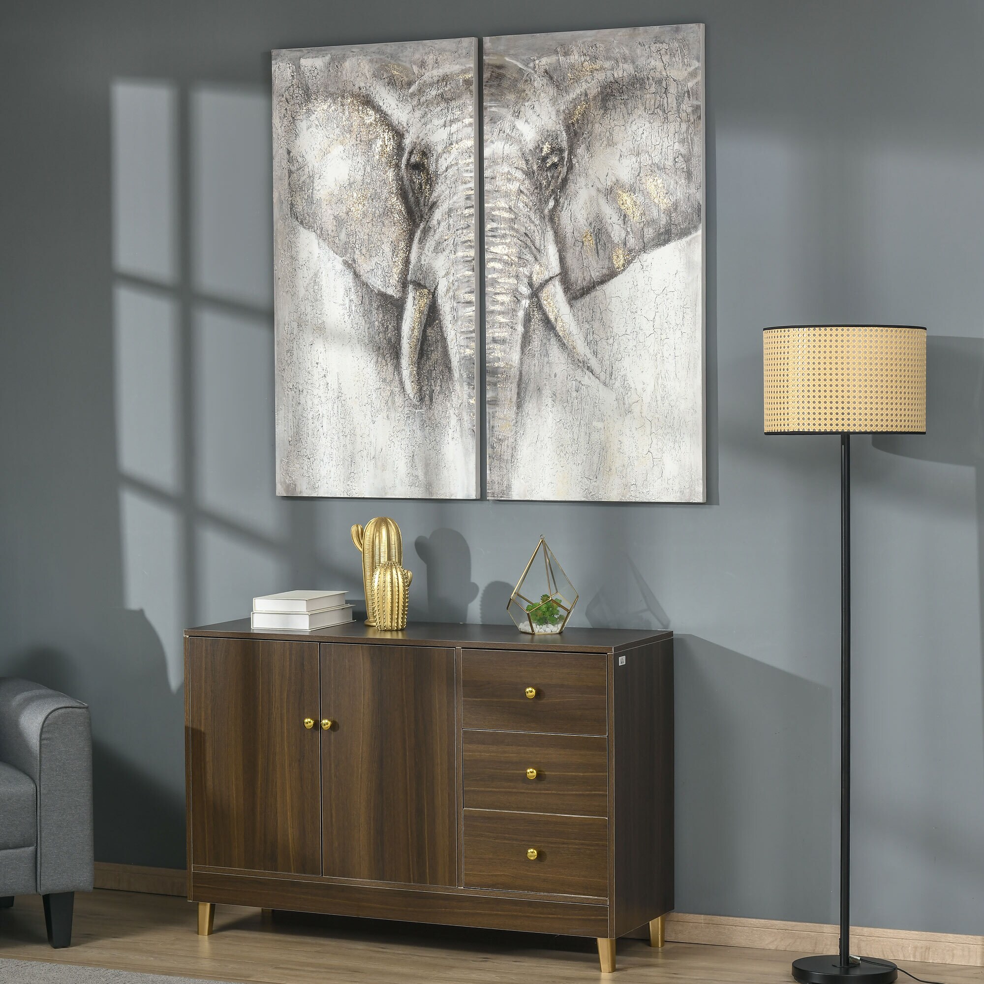 HOMCOM Zweigeteiltes Wandbild mit Kieferholzrahmen grau 120L x 120B x 2,8H cm
