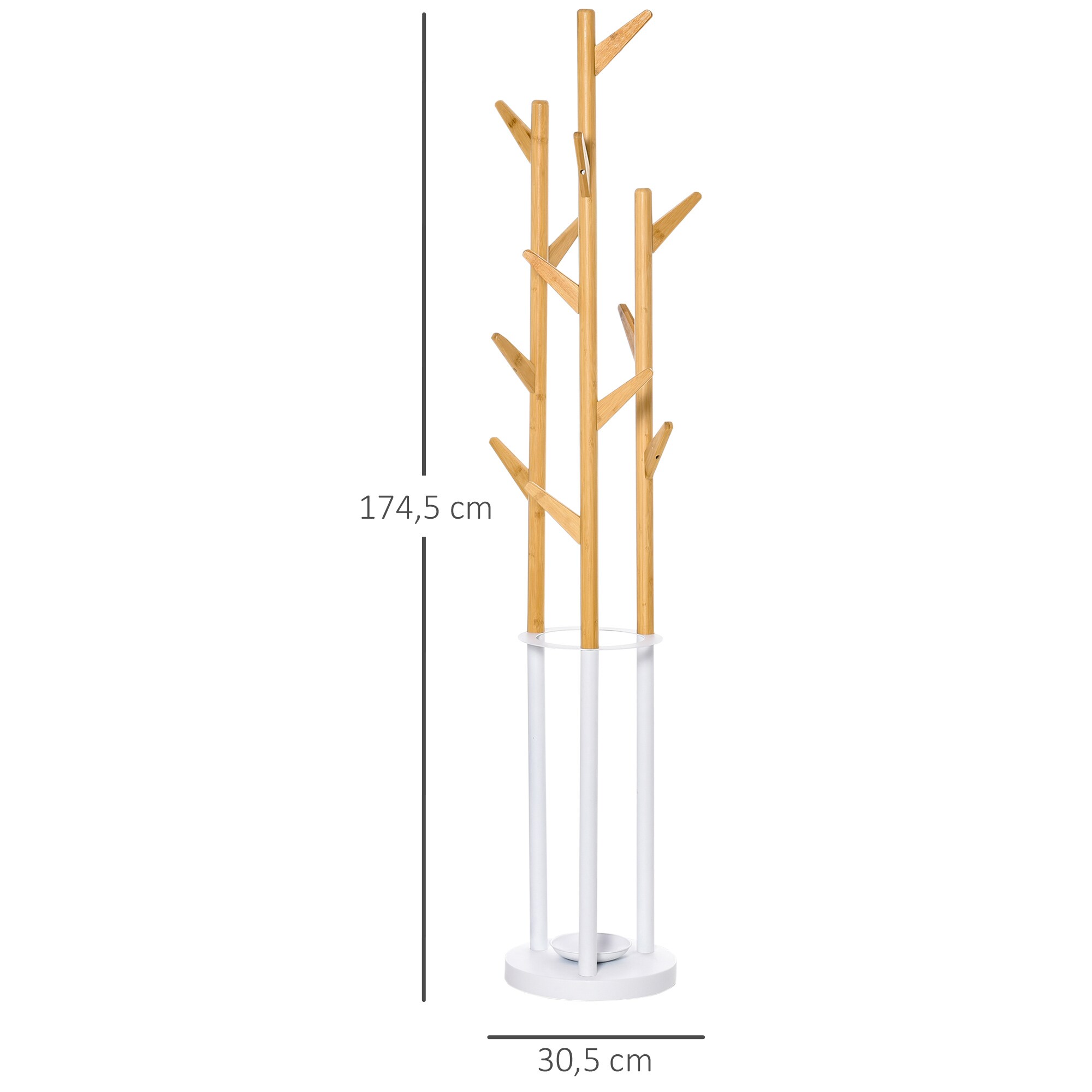 HOMCOM Garderobenständer mit 13 Haken, moderner Schirmständer Natur/Weiß 30,5 x 30,5 x 174,5 cm (BxTxH)