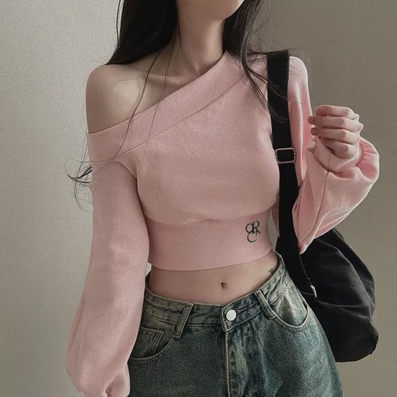 Sosana - Sweatshirt met pofmouwen en koude schouders, effen cropped