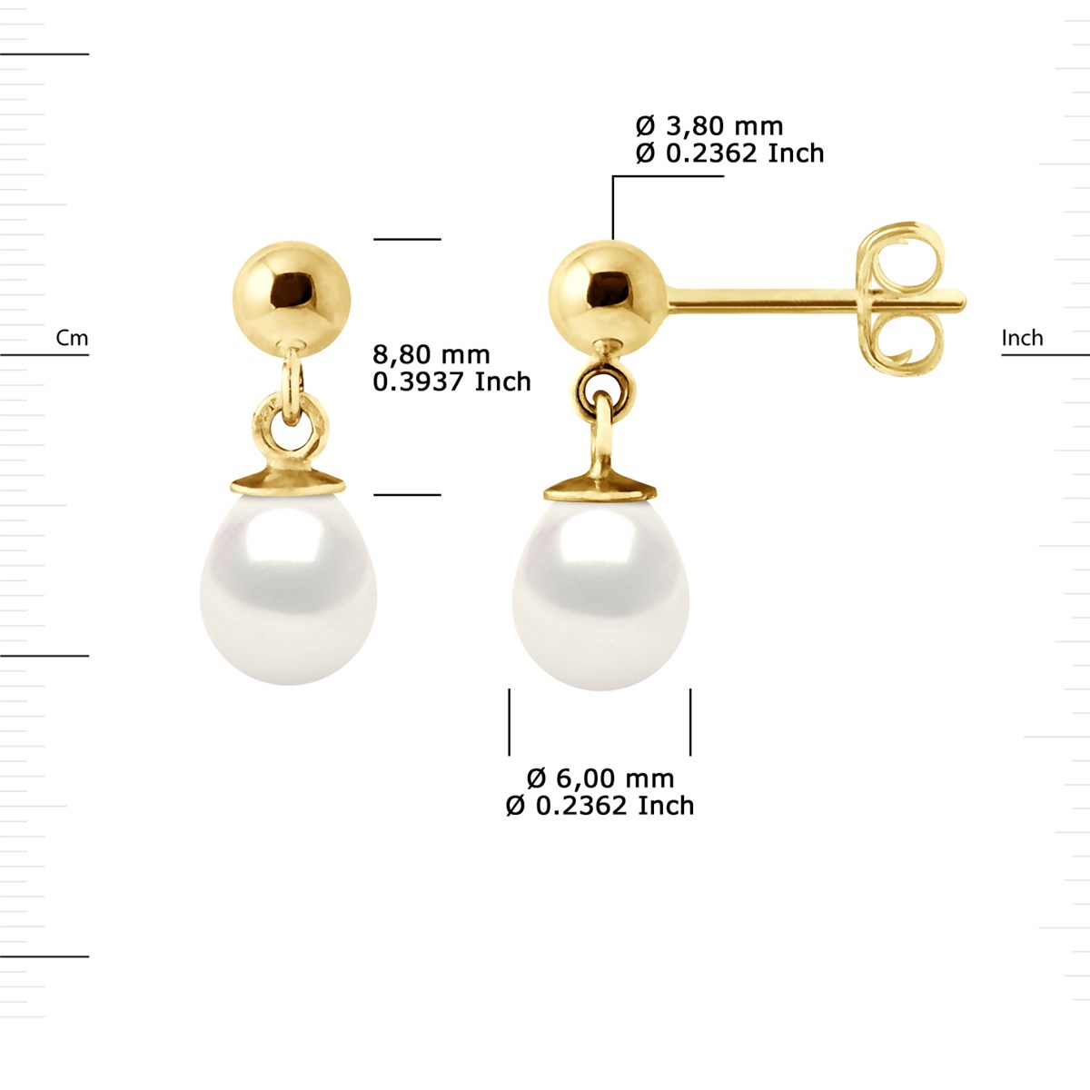 Boucles d'Oreilles Pendantes Perles de Culture d'Eau Douce 6-7 mm Blanches Or Jaune