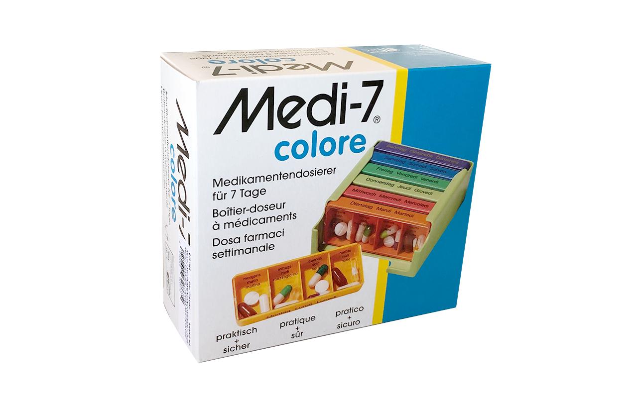 Wochenpillenspender Medi-7 mit 4 Fächern pro Tag bunt FRMedikamentenbox mit 7 einzeln entnehmbaren Tagesdosen