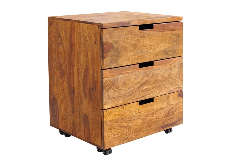 Massiver Rollcontainer MAKASSAR 60cm braun stone finish Sheesham mit Schubladen