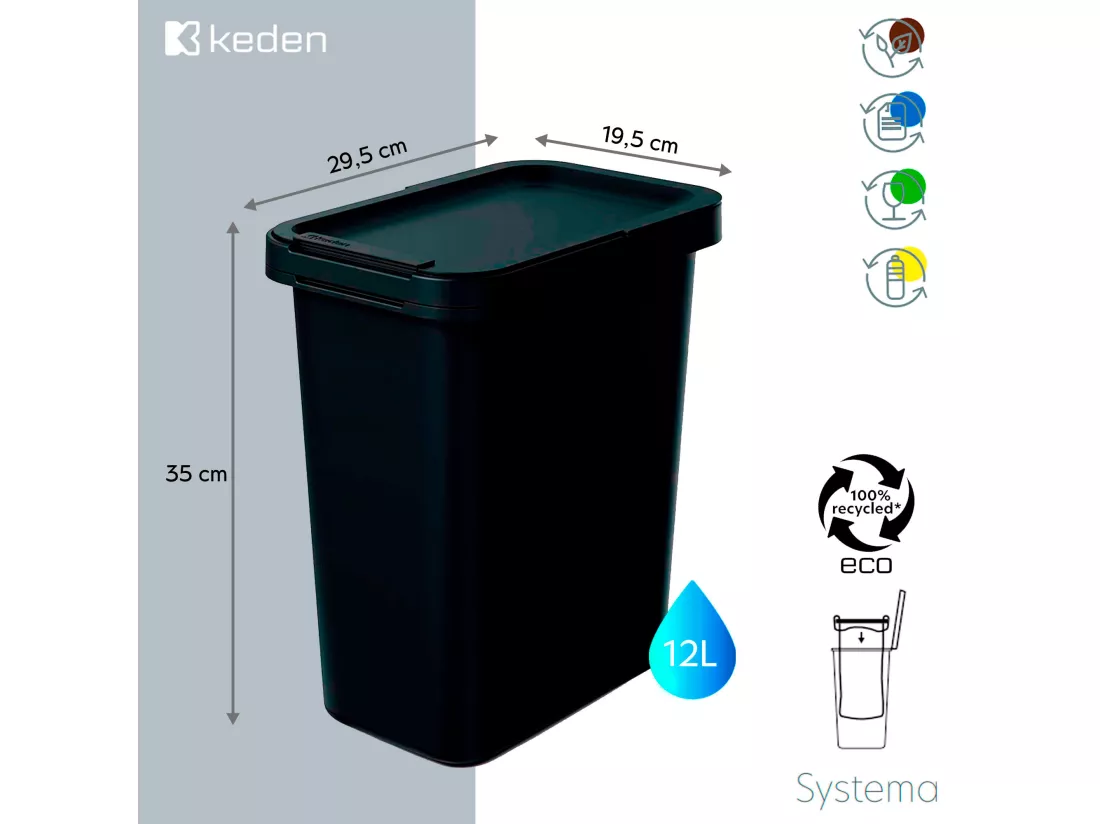 Système de recyclage 12L en noir Keden 29x19x35