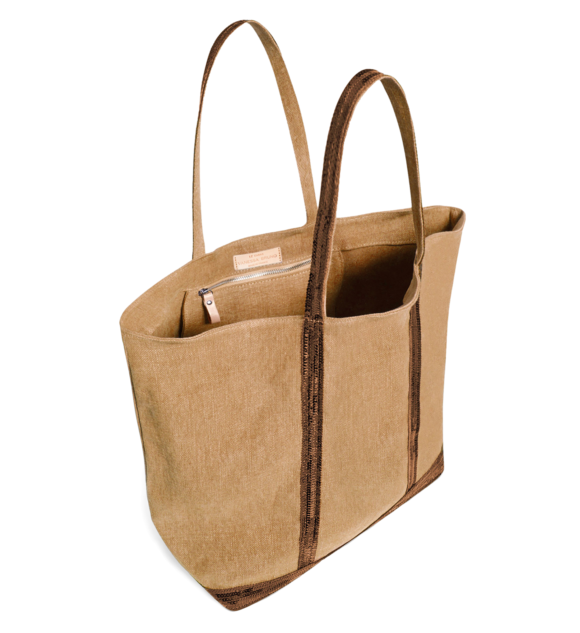 Cabas L brodé avec sequins en lin | Marron