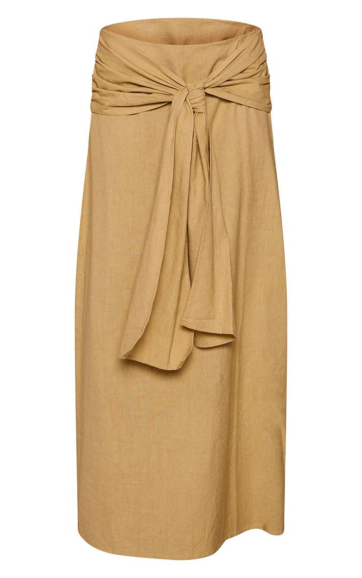 Kaki Jupe Longue Portefeuille En Mélange Coton Lin Olive